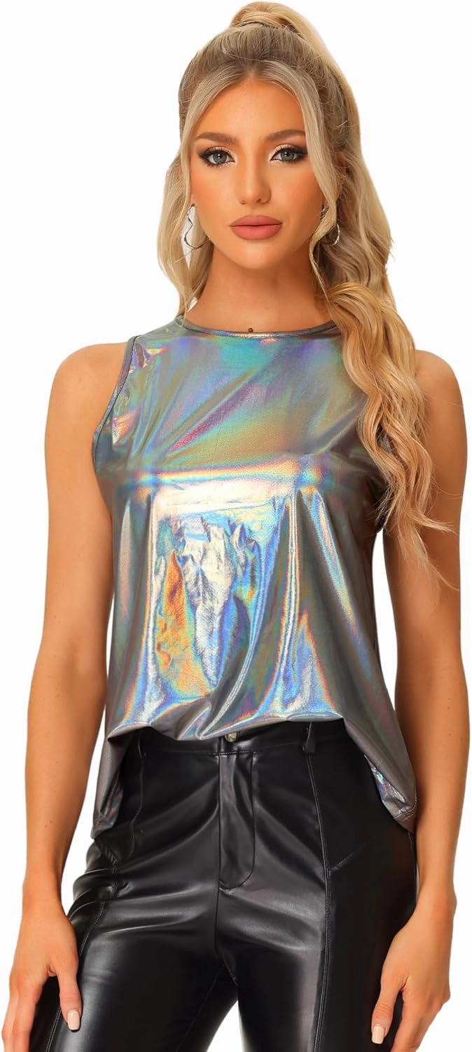 Allegra K Halloween Metallic Tank Top for Women's Sleeveless Club Party Shiny Shirt