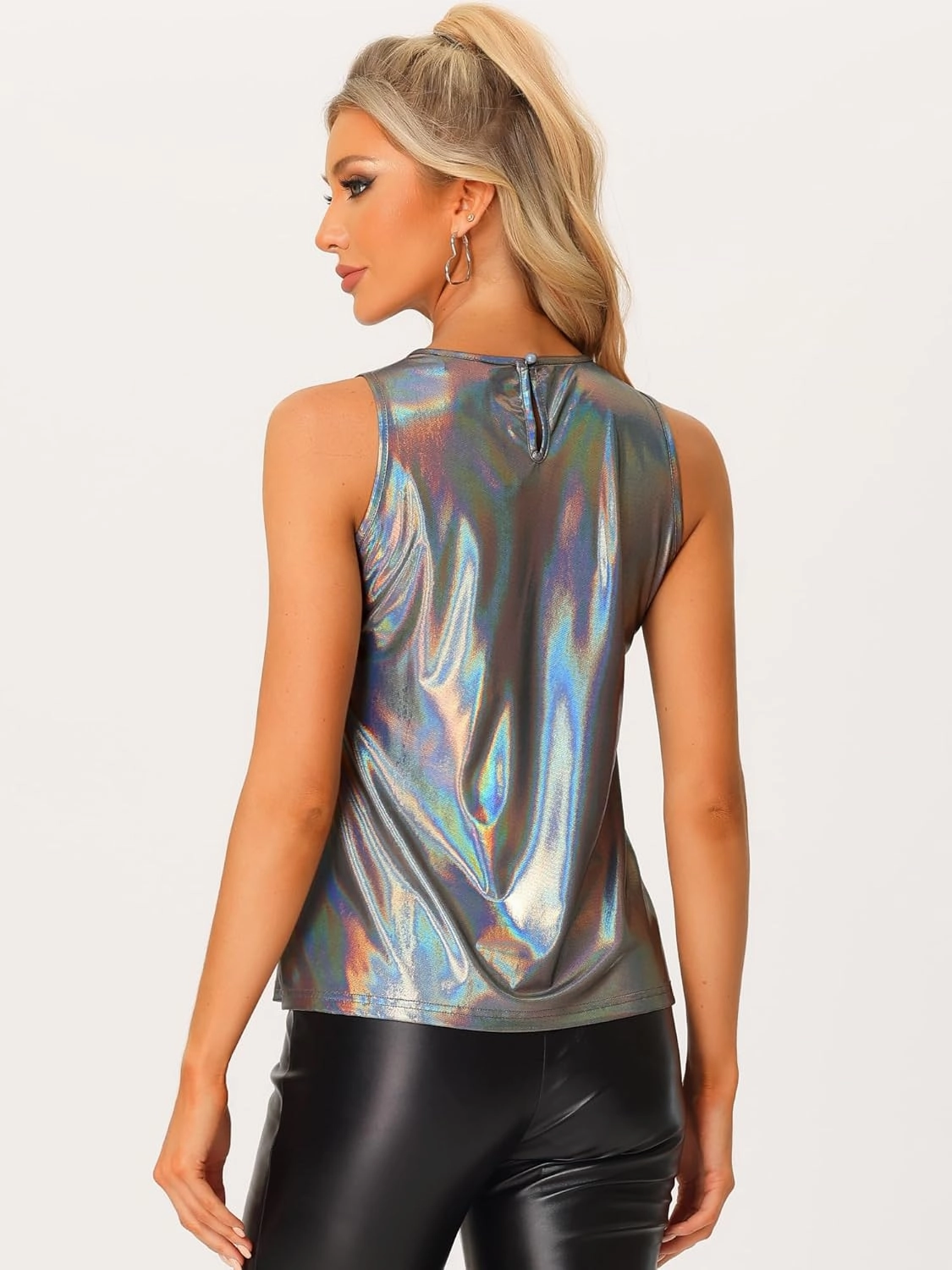 Allegra K Halloween Metallic Tank Top for Women's Sleeveless Club Party Shiny Shirt