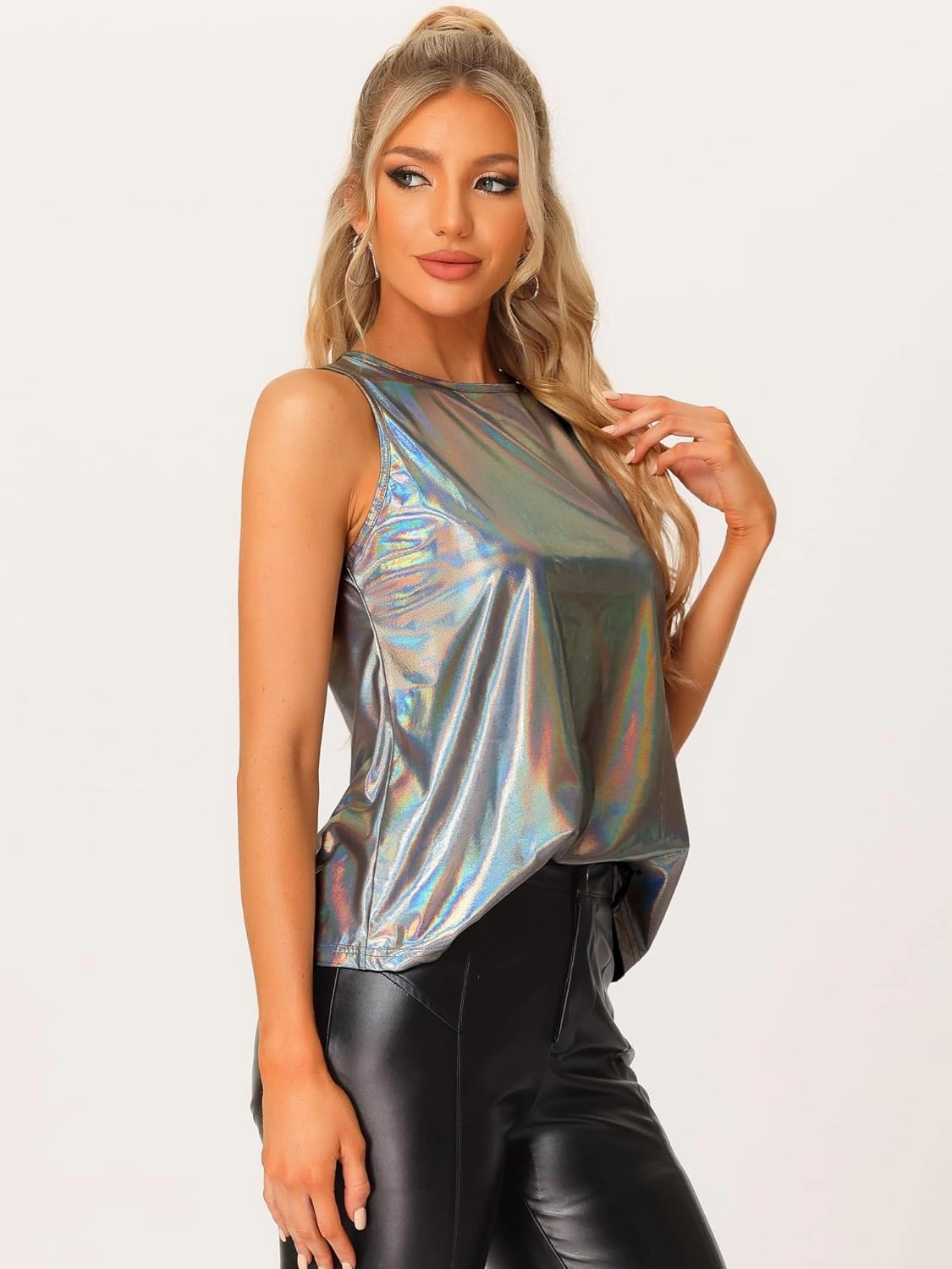 Allegra K Halloween Metallic Tank Top for Women's Sleeveless Club Party Shiny Shirt