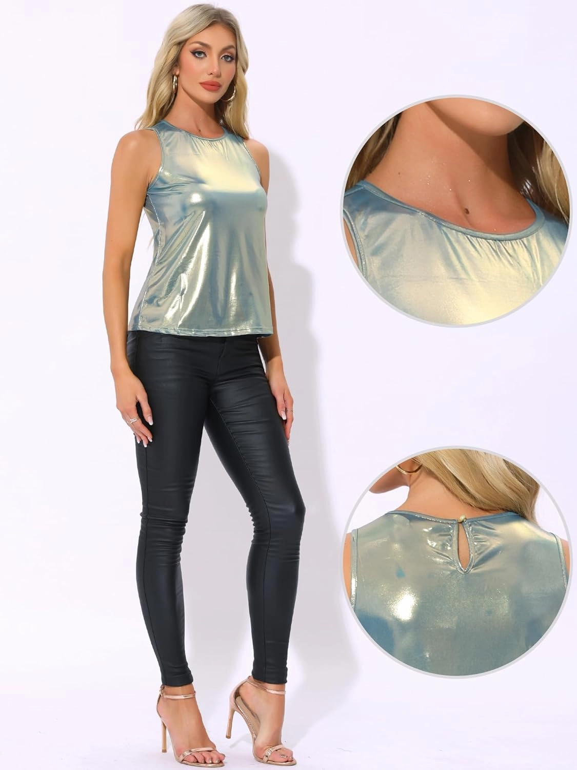 Allegra K Halloween Metallic Tank Top for Women's Sleeveless Club Party Shiny Shirt