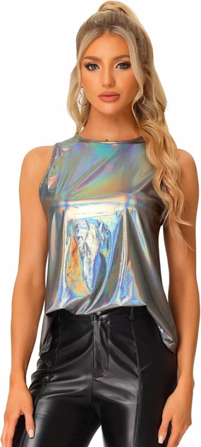 Allegra K Halloween Metallic Tank Top for Women's Sleeveless Club Party Shiny Shirt