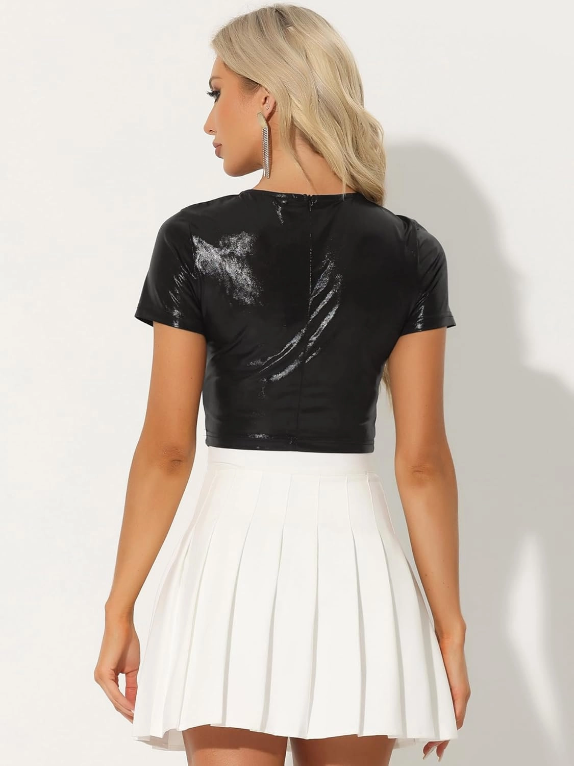 Allegra K Metallic Crop Tops for Women's Keyhole Short Sleeve Halloween Party Shiny Holographic Top