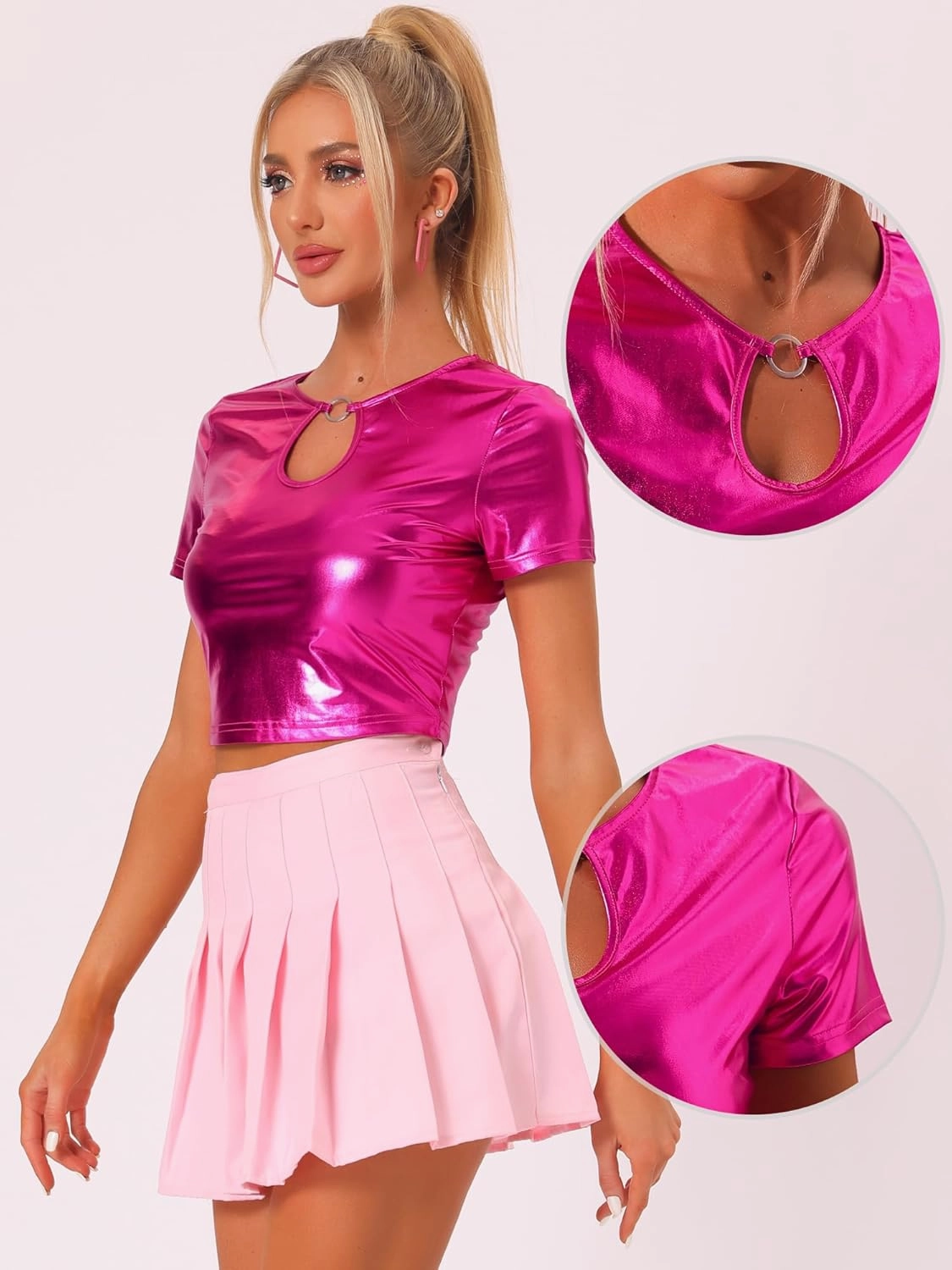 Allegra K Metallic Crop Tops for Women's Keyhole Short Sleeve Halloween Party Shiny Holographic Top