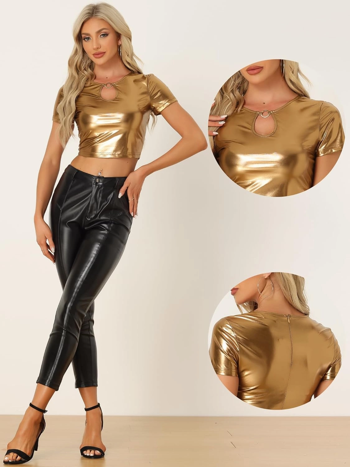 Allegra K Metallic Crop Tops for Women's Keyhole Short Sleeve Halloween Party Shiny Holographic Top