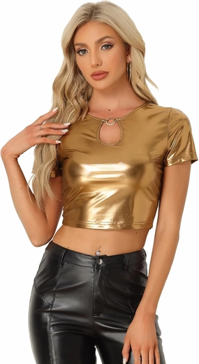 Allegra K Metallic Crop Tops for Women's Keyhole Short Sleeve Halloween Party Shiny Holographic Top