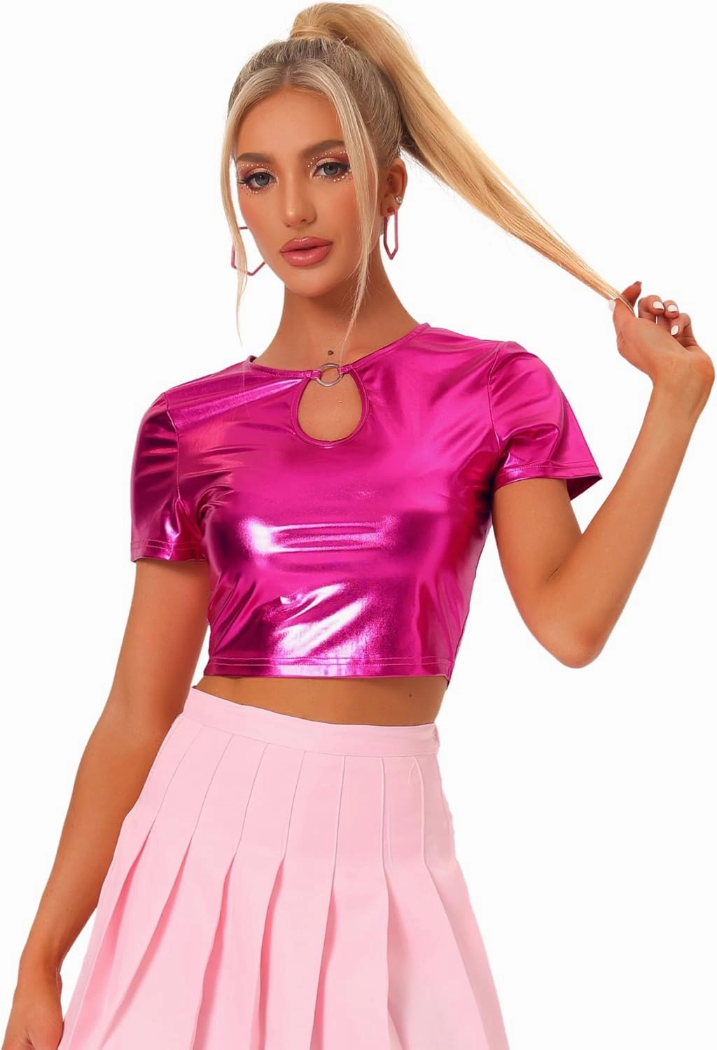 Allegra K Metallic Crop Tops for Women's Keyhole Short Sleeve Halloween Party Shiny Holographic Top