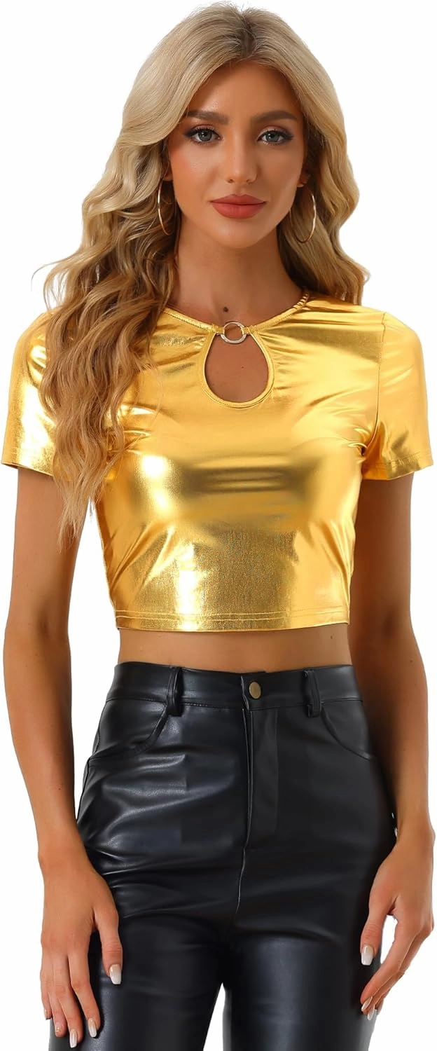 Allegra K Metallic Crop Tops for Women's Keyhole Short Sleeve Halloween Party Shiny Holographic Top