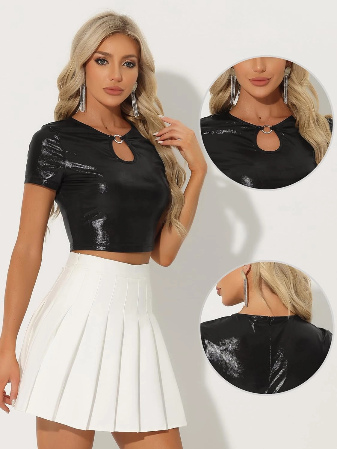 Allegra K Metallic Crop Tops for Women's Keyhole Short Sleeve Halloween Party Shiny Holographic Top