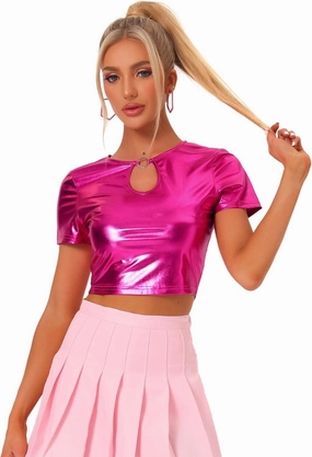 Allegra K Metallic Crop Tops for Women's Keyhole Short Sleeve Halloween Party Shiny Holographic Top