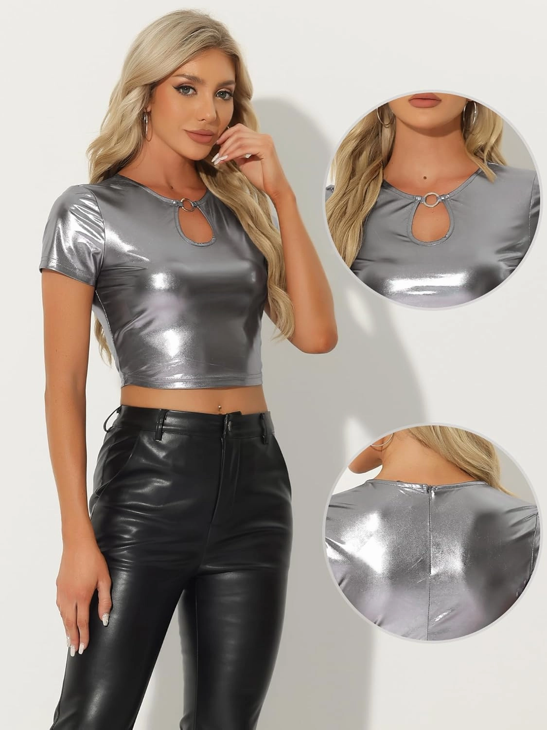 Allegra K Metallic Crop Tops for Women's Keyhole Short Sleeve Halloween Party Shiny Holographic Top