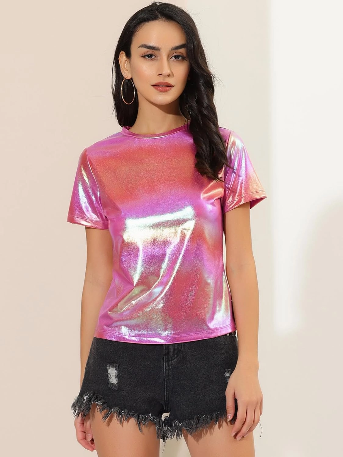 Allegra K Women's 80s Disco Outfit Party Club Sparkly Rainbow Metallic Top