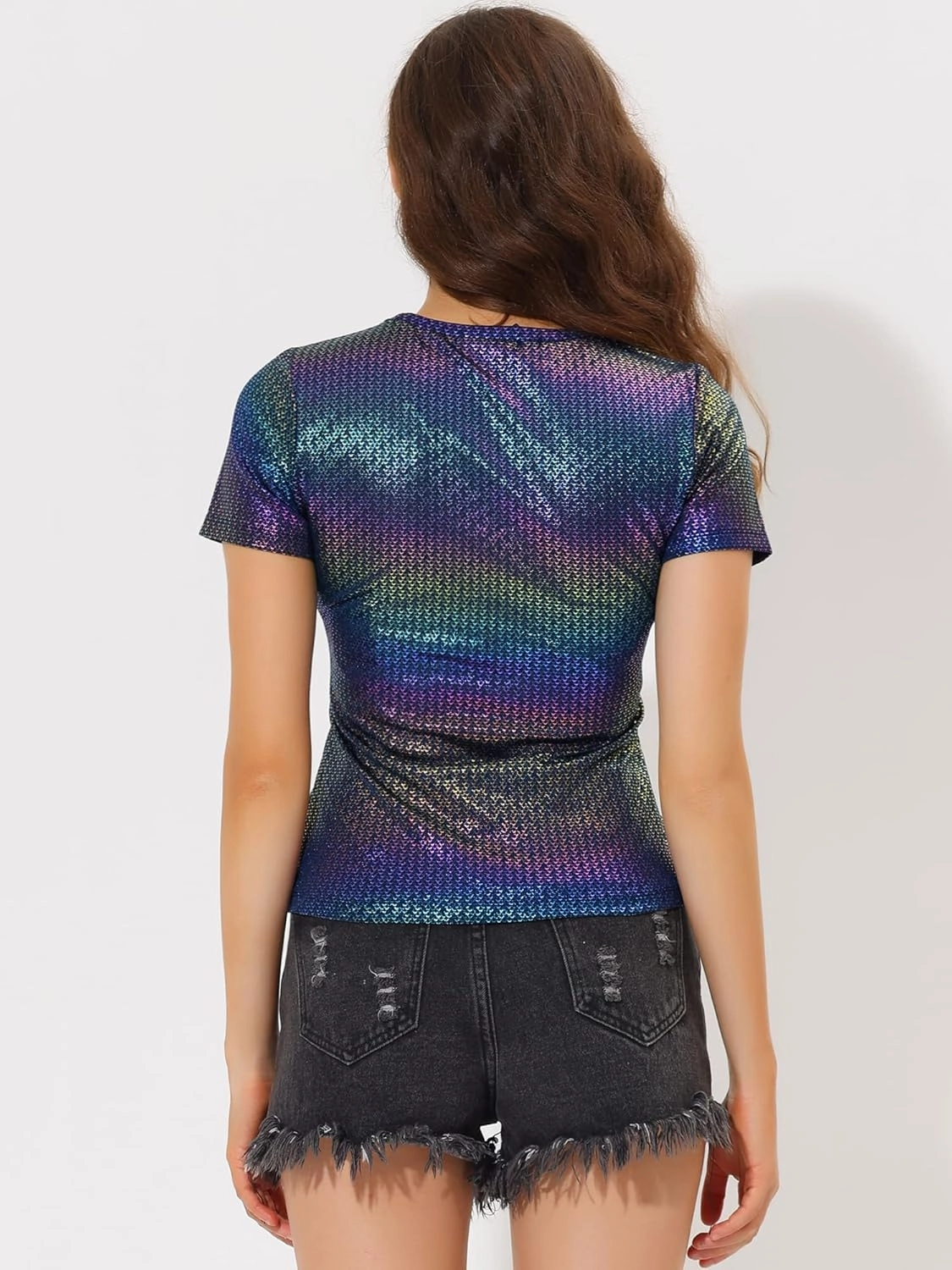 Allegra K Women's 80s Disco Outfit Party Club Sparkly Rainbow Metallic Top