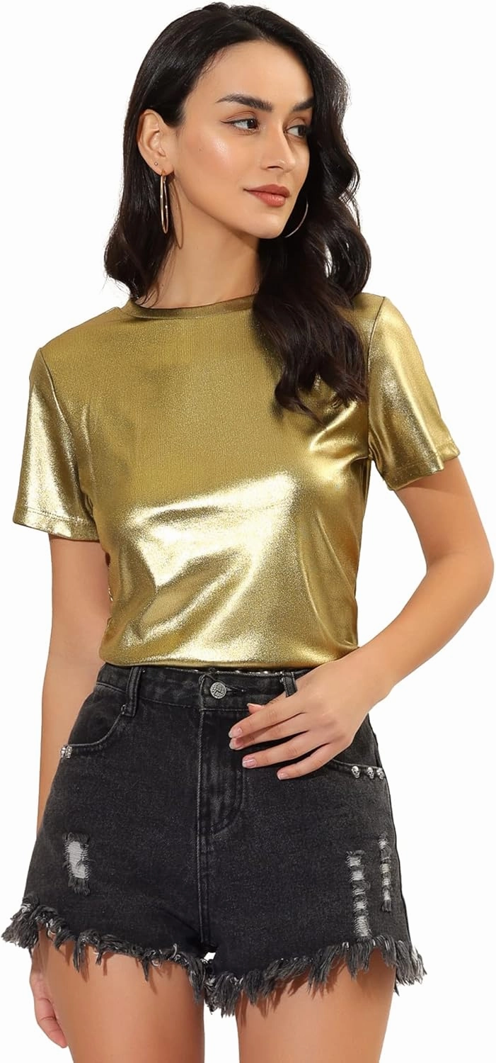 Allegra K Women's 80s Disco Outfit Party Club Sparkly Rainbow Metallic Top