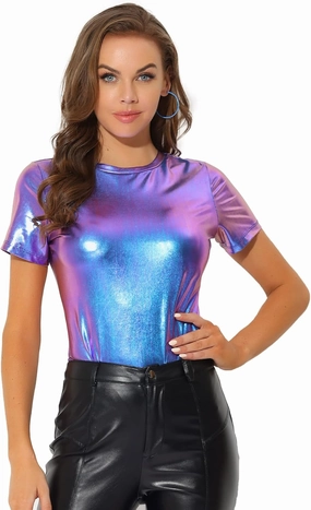 Allegra K Women's 80s Disco Outfit Party Club Sparkly Rainbow Metallic Top