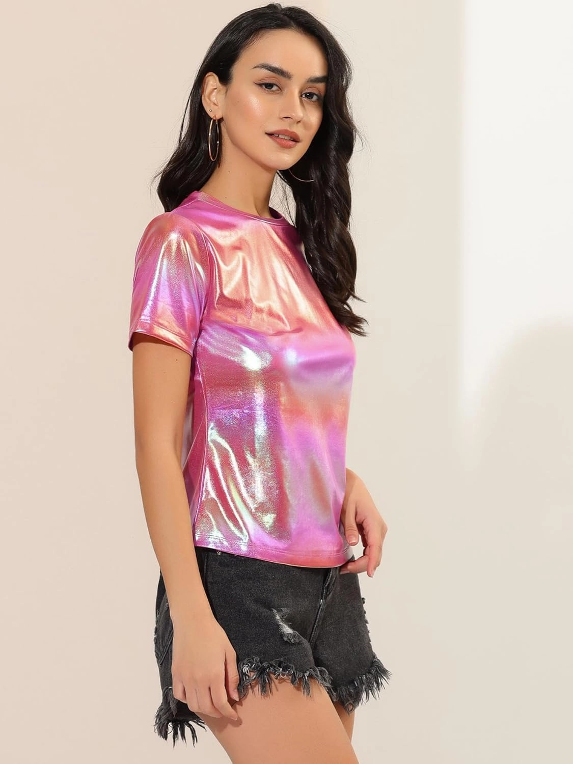 Allegra K Women's 80s Disco Outfit Party Club Sparkly Rainbow Metallic Top