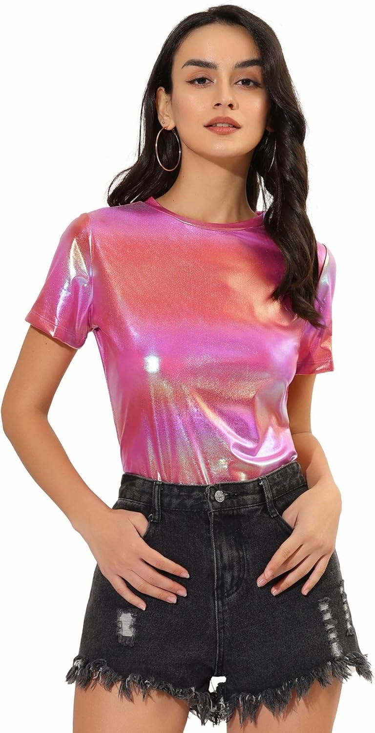 Allegra K Women's 80s Disco Outfit Party Club Sparkly Rainbow Metallic Top