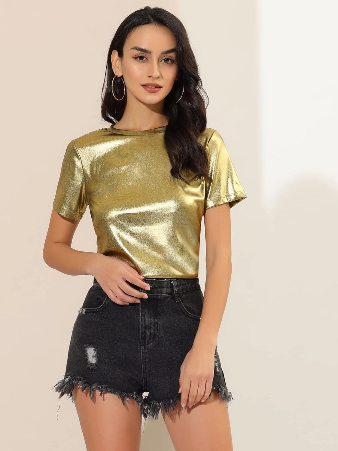 Allegra K Women's 80s Disco Outfit Party Club Sparkly Rainbow Metallic Top