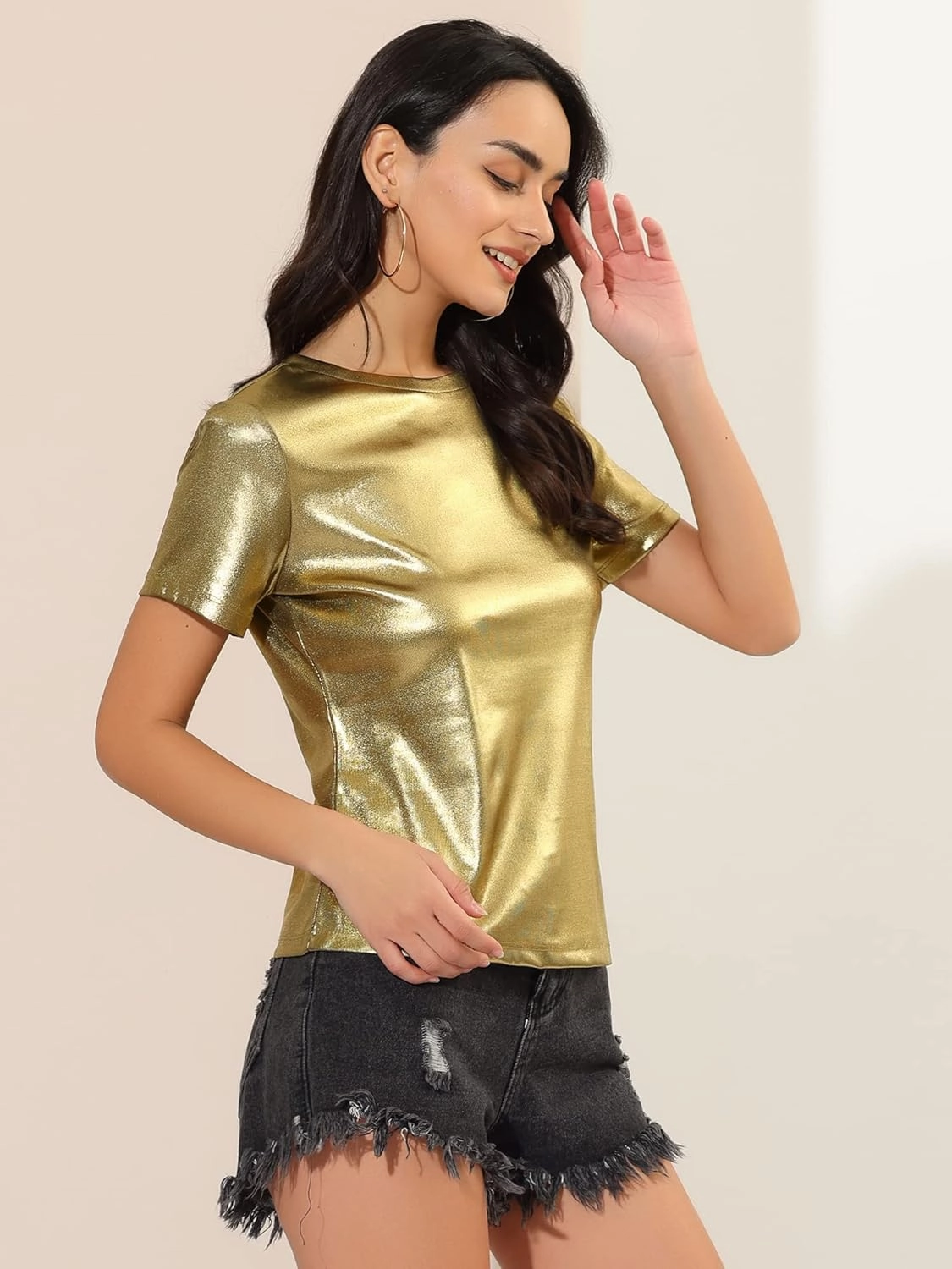 Allegra K Women's 80s Disco Outfit Party Club Sparkly Rainbow Metallic Top
