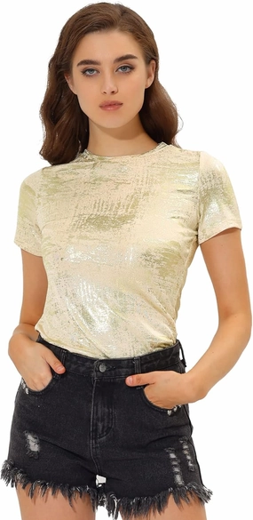 Allegra K Women's 80s Disco Outfit Party Club Sparkly Rainbow Metallic Top
