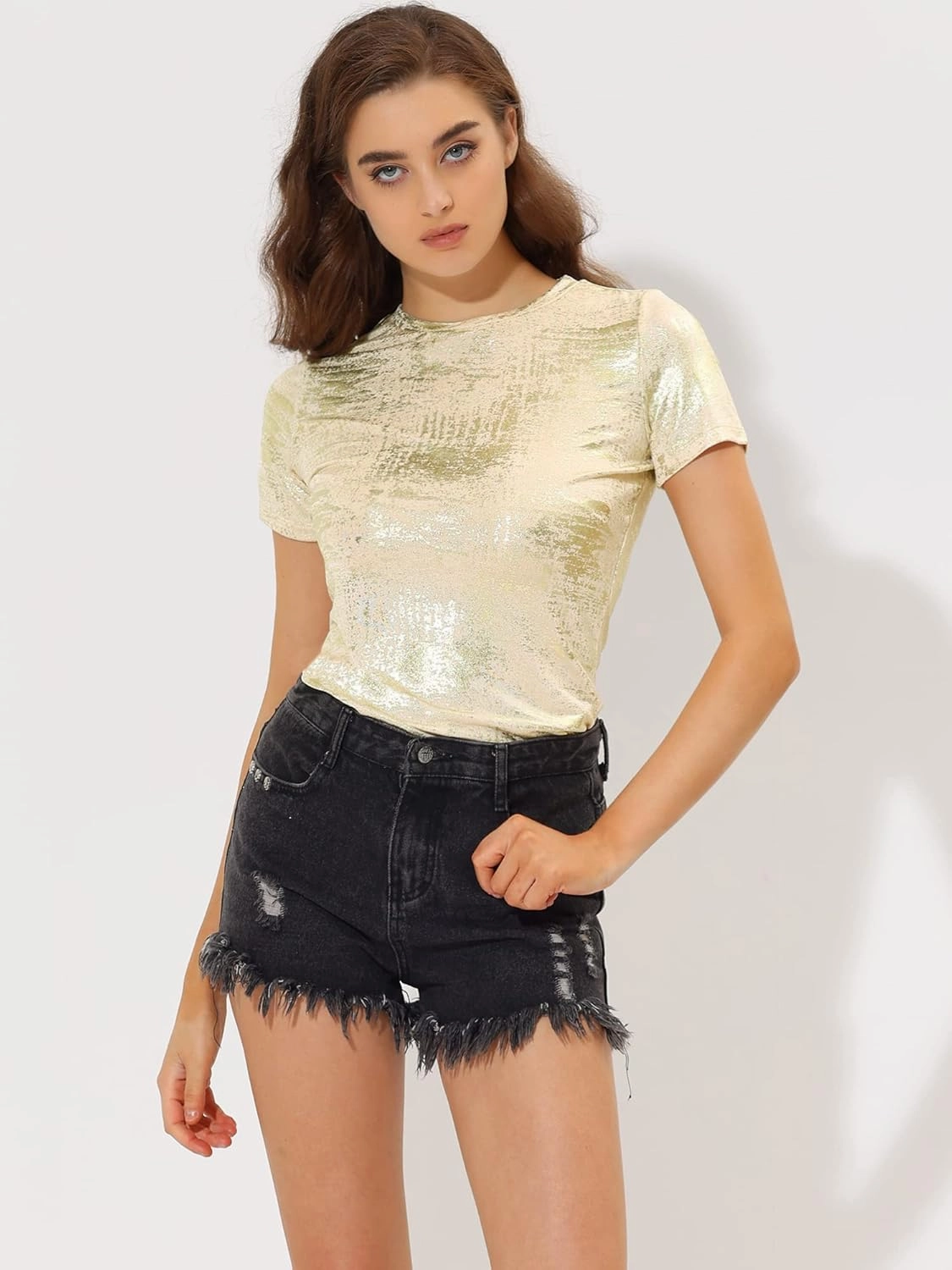 Allegra K Women's 80s Disco Outfit Party Club Sparkly Rainbow Metallic Top
