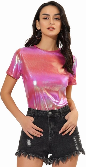 Allegra K Women's 80s Disco Outfit Party Club Sparkly Rainbow Metallic Top