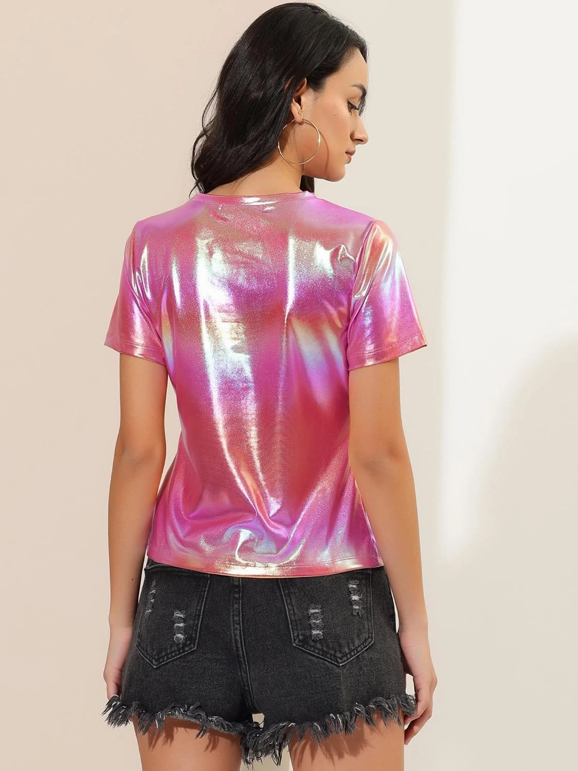 Allegra K Women's 80s Disco Outfit Party Club Sparkly Rainbow Metallic Top