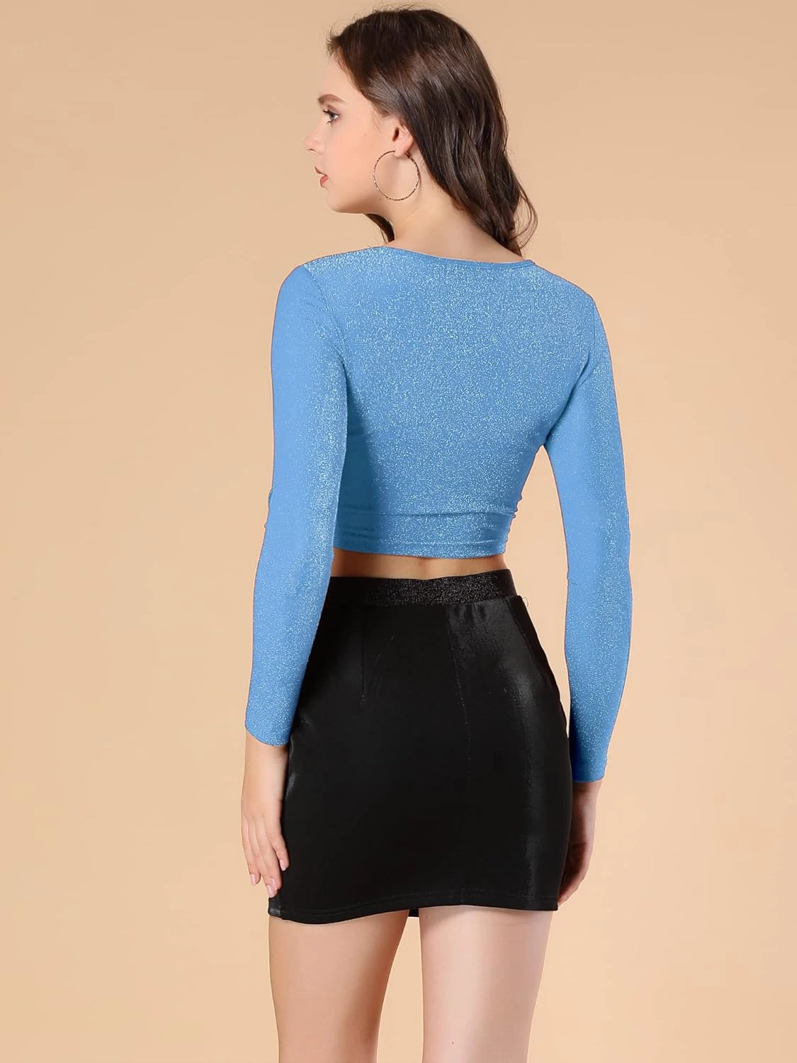 Allegra K Women's Glitter Top Twist Fitted Long Sleeve Cutout Party Cropped Sparkly Tops