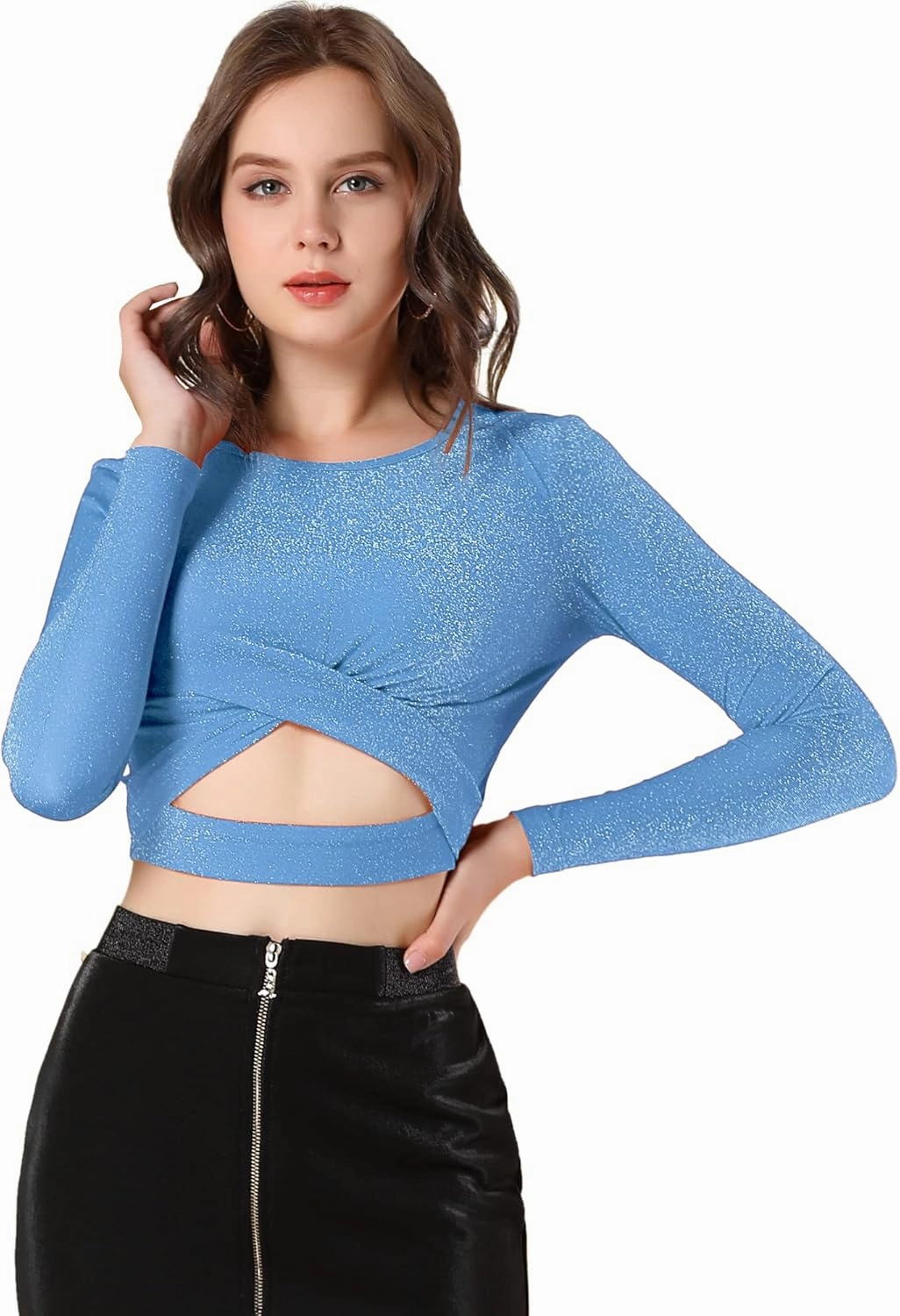 Allegra K Women's Glitter Top Twist Fitted Long Sleeve Cutout Party Cropped Sparkly Tops