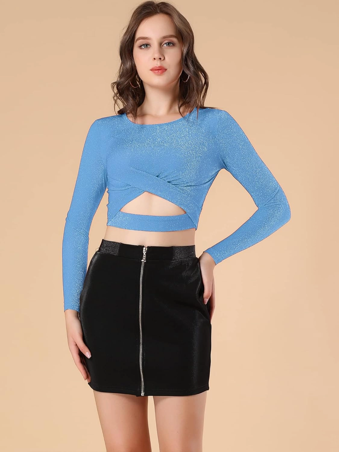 Allegra K Women's Glitter Top Twist Fitted Long Sleeve Cutout Party Cropped Sparkly Tops