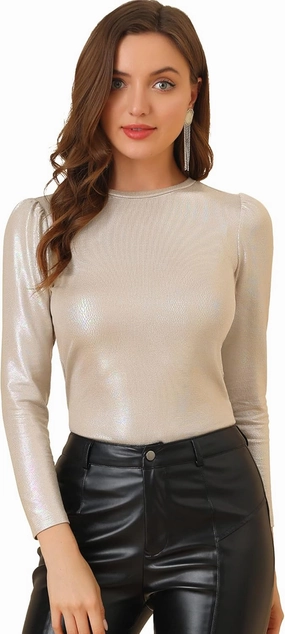 Allegra K Women's Sparkly Glitter Tops Shiny Metallic 80s Disco Outfits