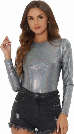 Allegra K Women's Sparkly Glitter Tops Shiny Metallic 80s Disco Outfits
