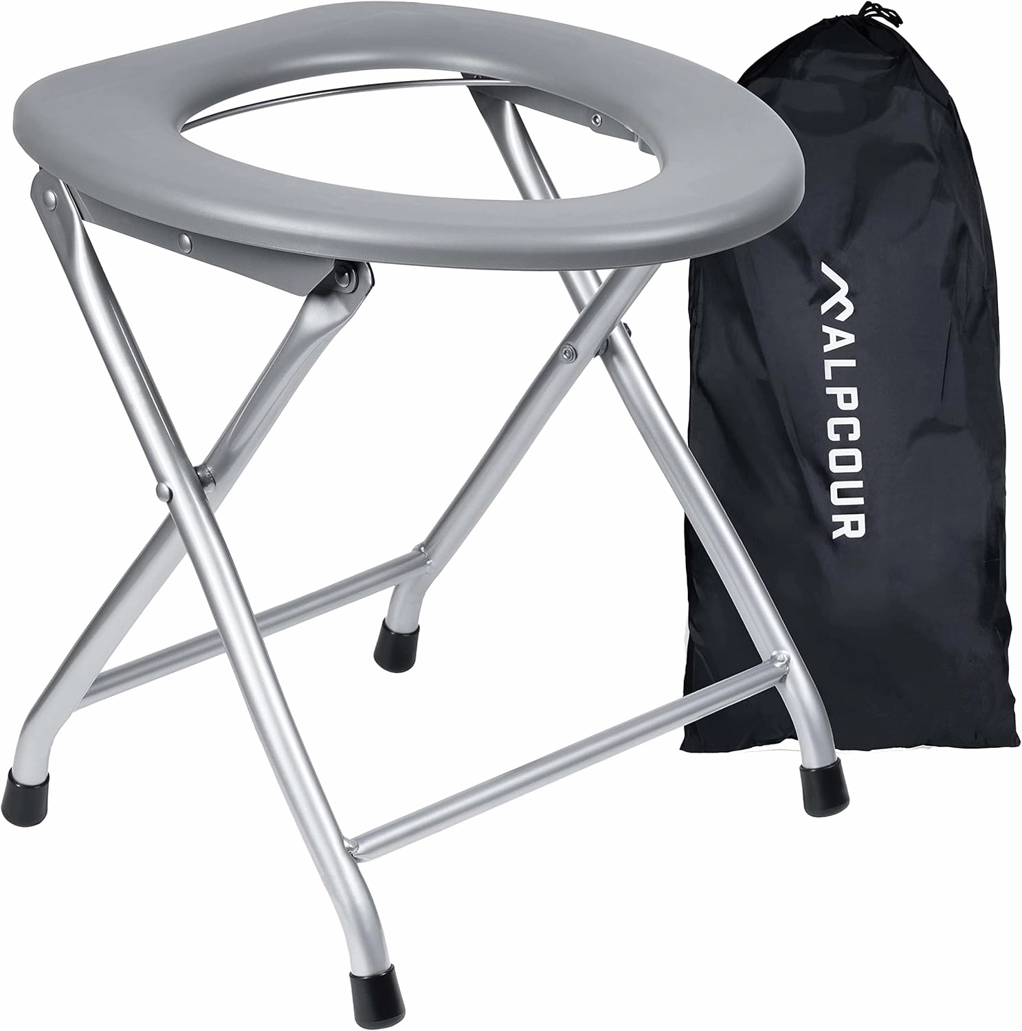 Alpcour Portable Toilet Seat – Compact Lightweight Indoor & Outdoor Commode w/Built-In Bag Hooks & Travel Bag – Heavy-Duty Stainless-Steel Chair is Durable & Convenient For Camping, Travel & Emergency