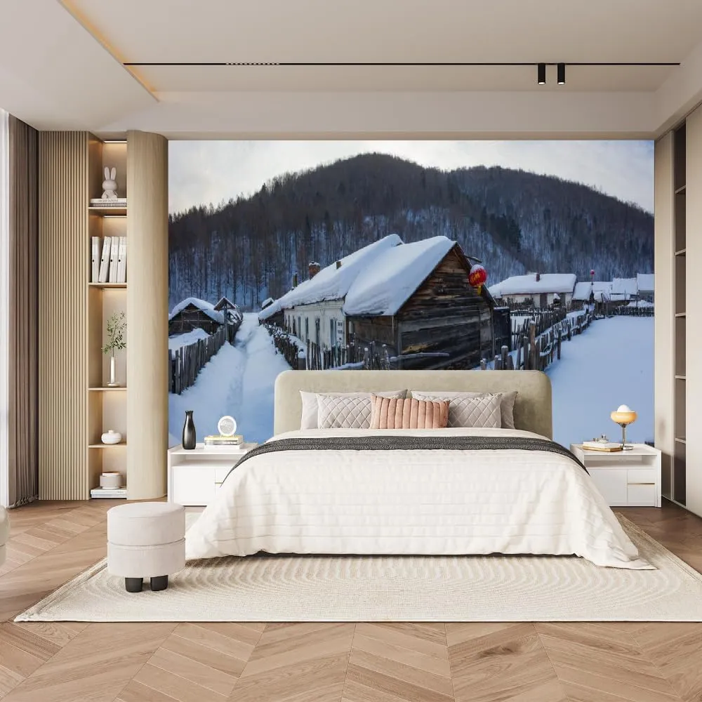 Alpine Forest Peel and Stick Wallpaper, Snow Cabin Mural,Removable Wall Paper Suitable for Living Room Tv Background Wall Room and Bedroom Home Decoration,169.3"" W x118.2 H