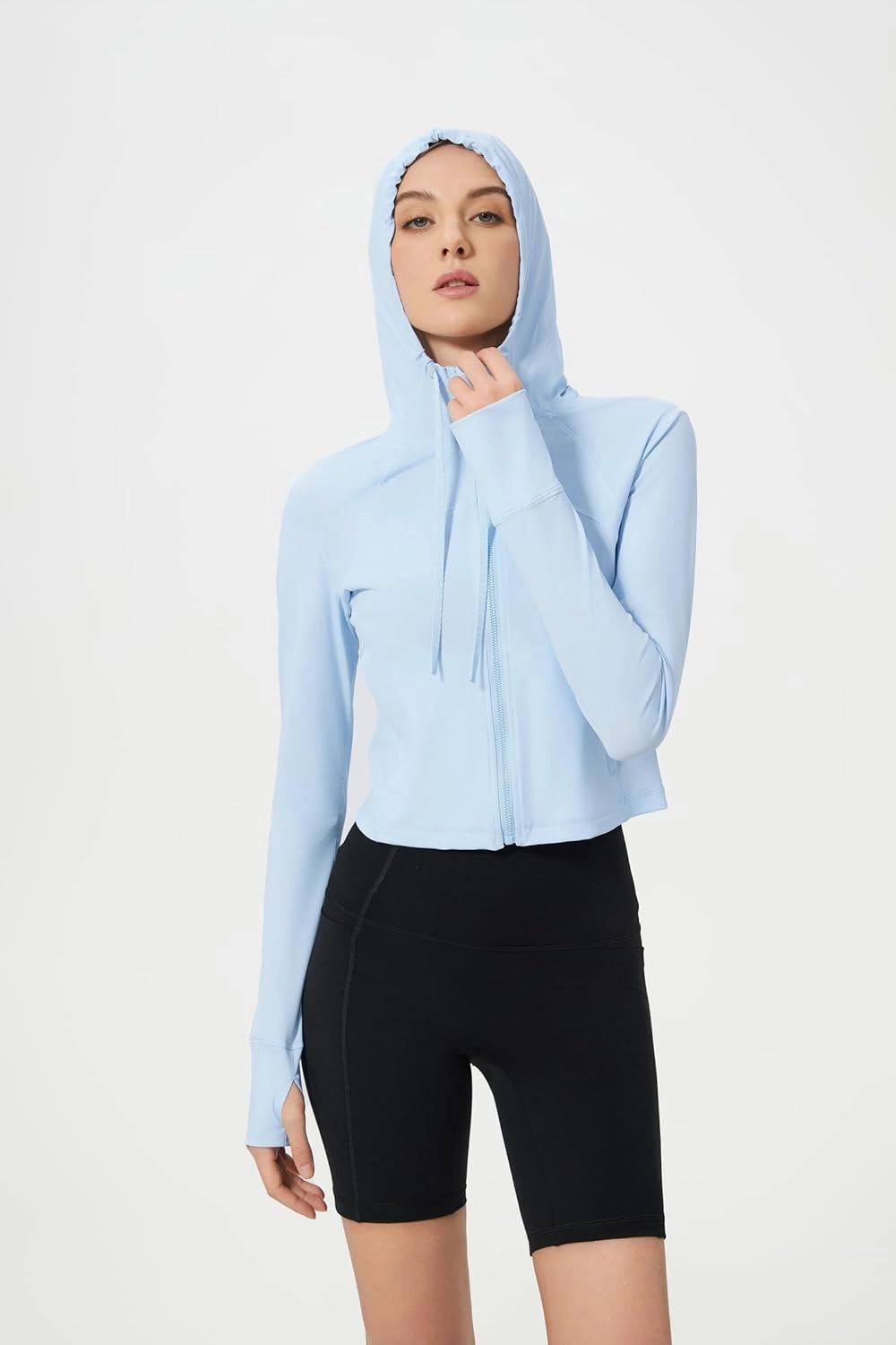 altiland Lightweight Workout Hooded Jacket for Women, UPF 50  Cropped Full Zip Athletic Gym Running Jackets with Thumb Holes
