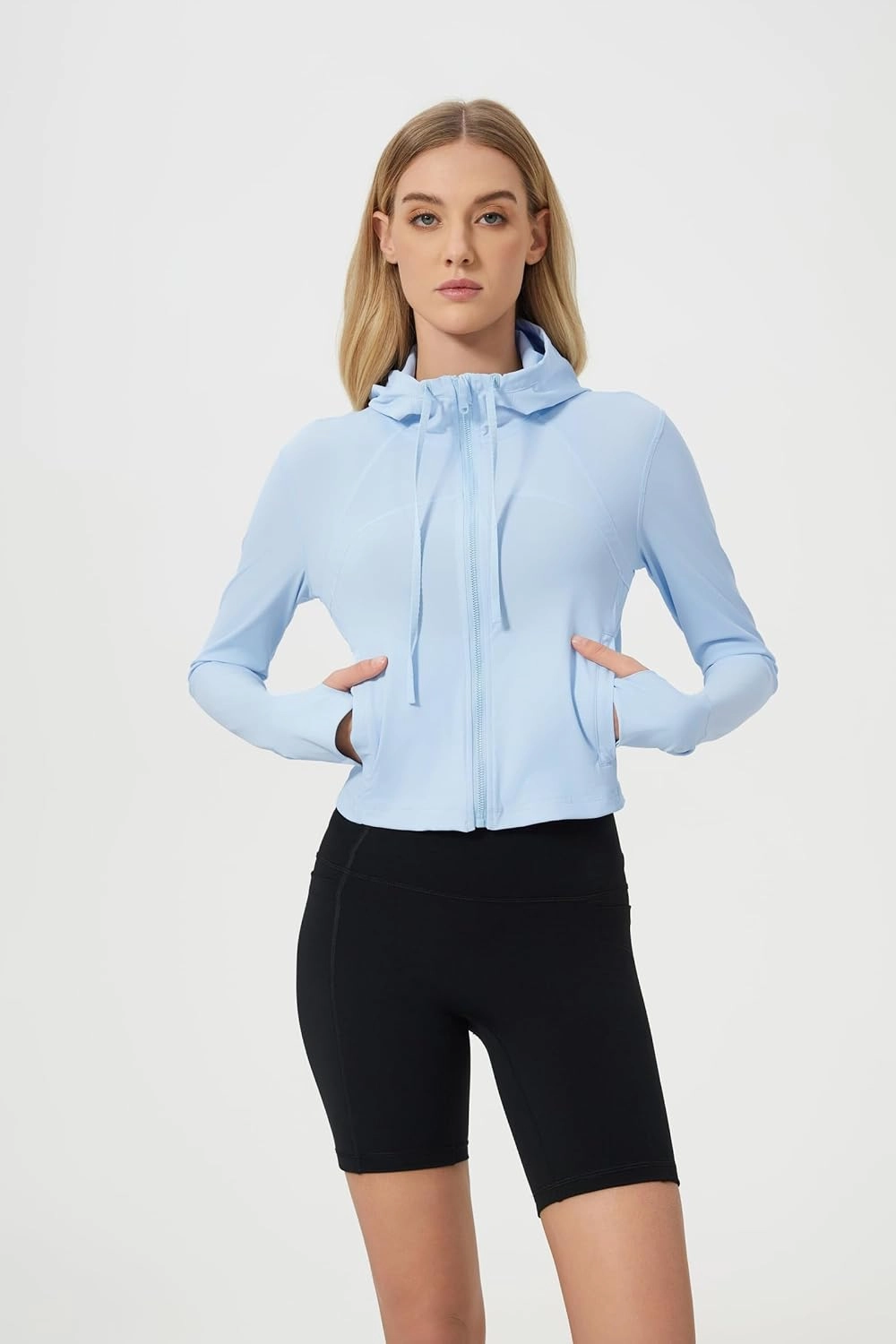 altiland Lightweight Workout Hooded Jacket for Women, UPF 50  Cropped Full Zip Athletic Gym Running Jackets with Thumb Holes