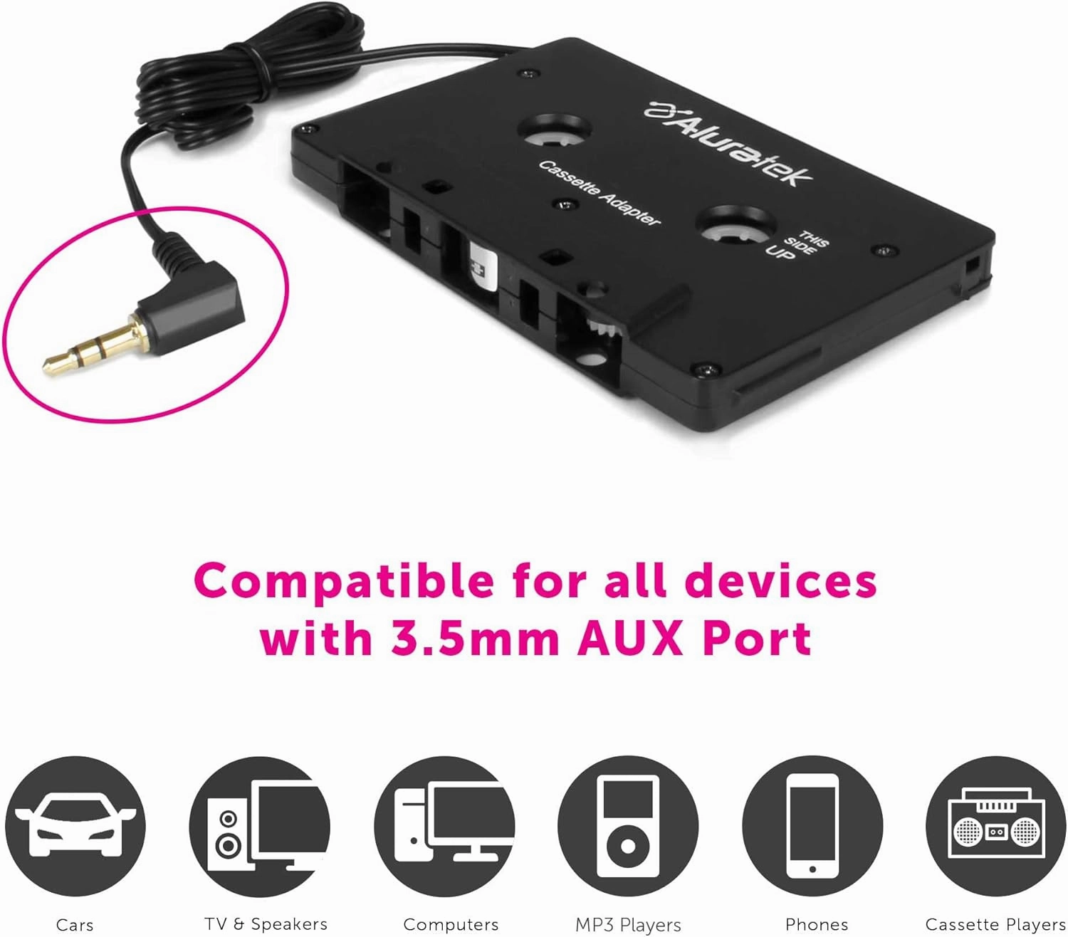 Aluratek Premium Audio Cassette Receiver, Premium Car Audio, Universal 3.5mm Audio Jack or AUX-in Port, Supports Phones/Tablets/Stereo/Headphones/Hi-Fi/Portable Speaker, 3 Foot Cable Length