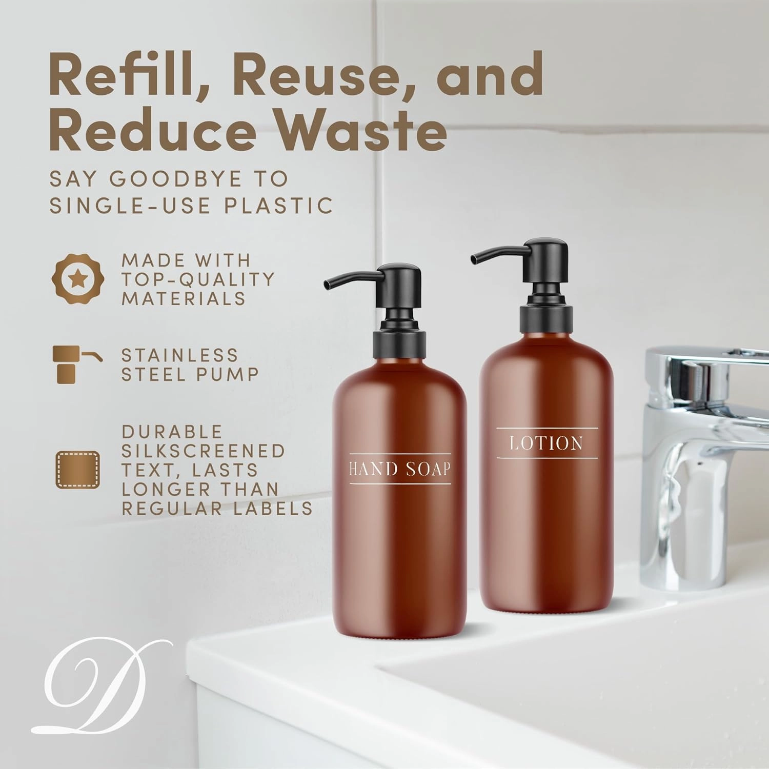 Amber Plastic Bottle | Refillable Wall Mount Liquid Soap Dispenser | 16 oz Hand Soap and Lotion for Every Bathroom | 2 Bottles