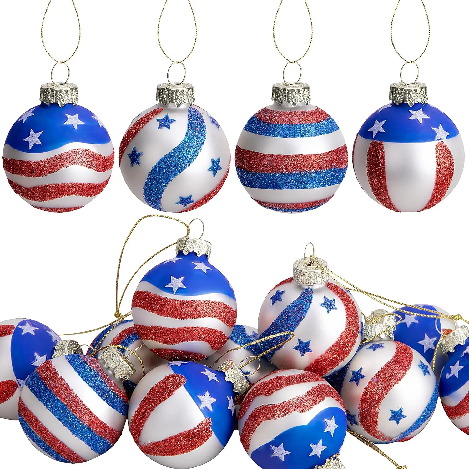 Americana 12pcs Memorial Day Glass Ornaments, 1.57 Inch Independence Day Hanging Glass Balls for July 4th, American Flag Tree Decorations