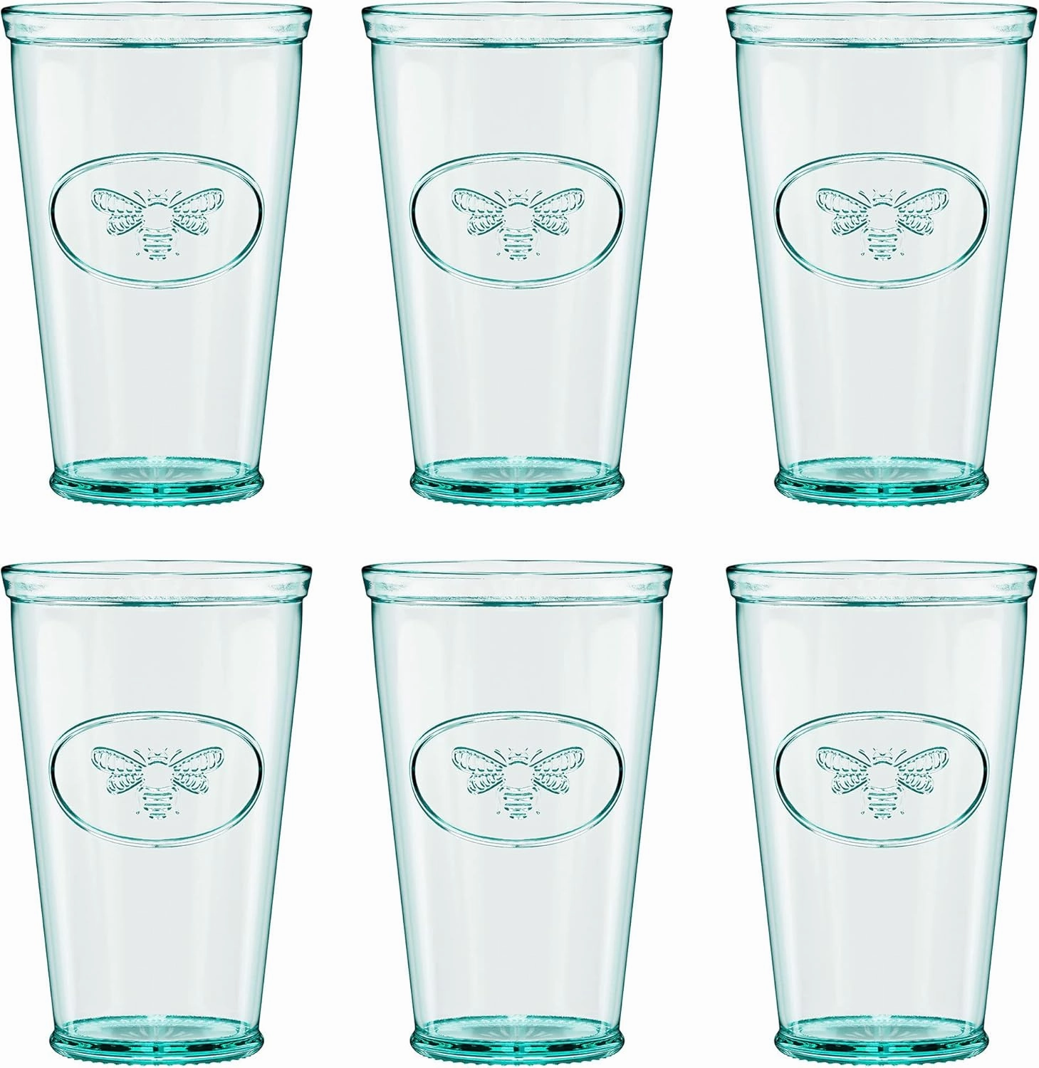 Amici Home Bee Hiball Glass | 16 Oz | Italian Made, Recycled Glass with Green Tint | Drinking Glass with Embossed Bee Design for Water, Juice, Cocktails (Set of 6)