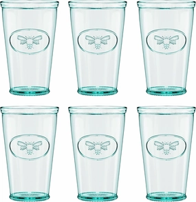 Amici Home Bee Hiball Glass | 16 Oz | Italian Made, Recycled Glass with Green Tint | Drinking Glass with Embossed Bee Design for Water, Juice, Cocktails (Set of 6)