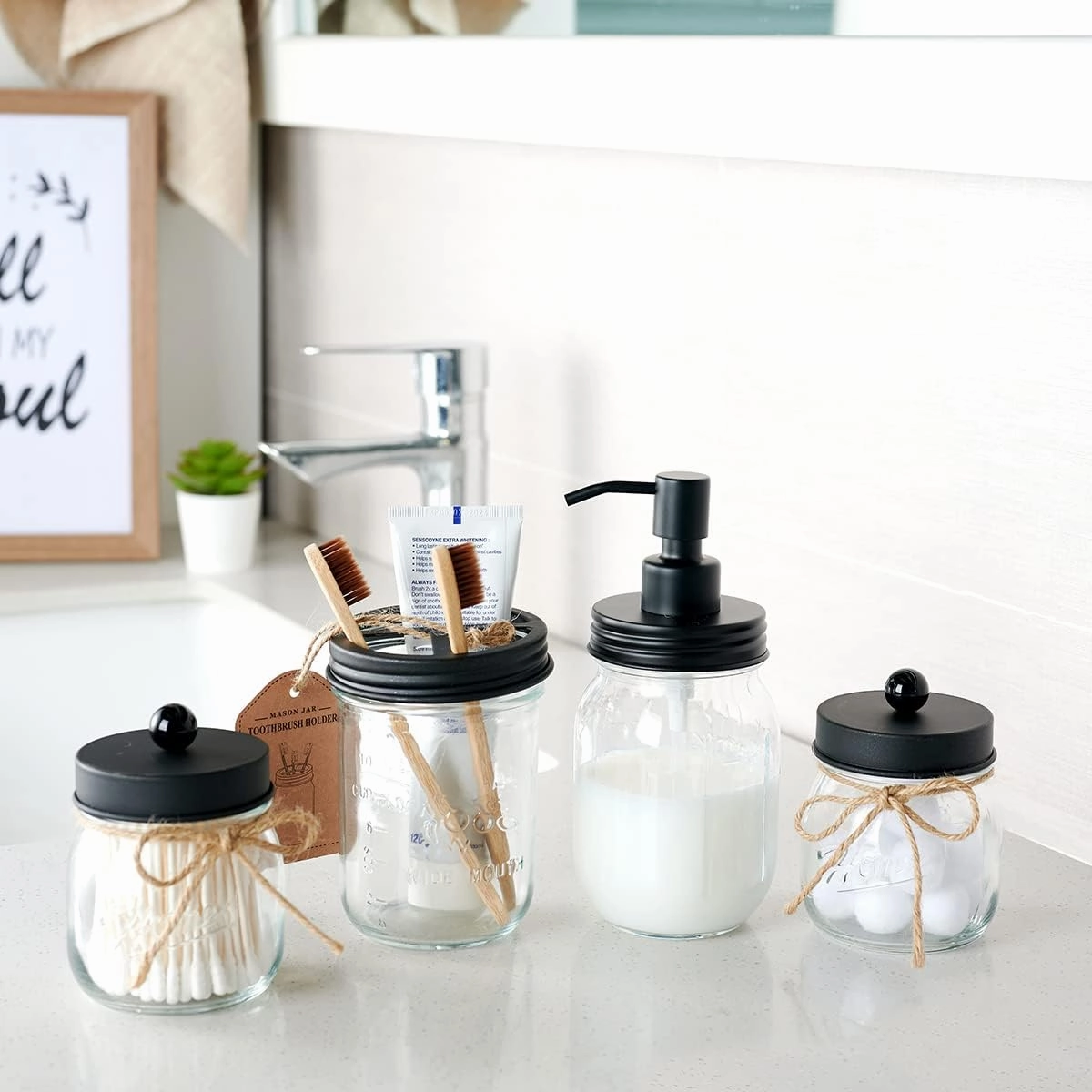Amolliar 4 Pack Mason Jar Liquid Soap Dispensers, Rustproof Stainless Steel Lid Pump, Waterproof Sticker, Refillable Hand Soap for Bathroom, Kitchen, Dish Soap, Lotion Soap, Farmhouse Decor(Black)