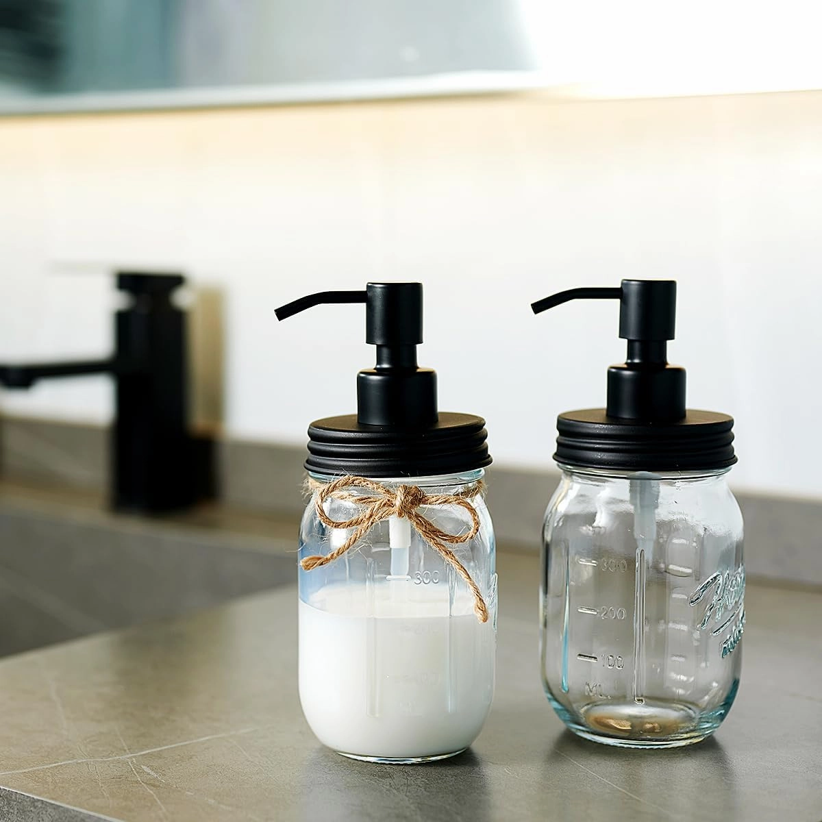 Amolliar 4 Pack Mason Jar Liquid Soap Dispensers, Rustproof Stainless Steel Lid Pump, Waterproof Sticker, Refillable Hand Soap for Bathroom, Kitchen, Dish Soap, Lotion Soap, Farmhouse Decor(Black)
