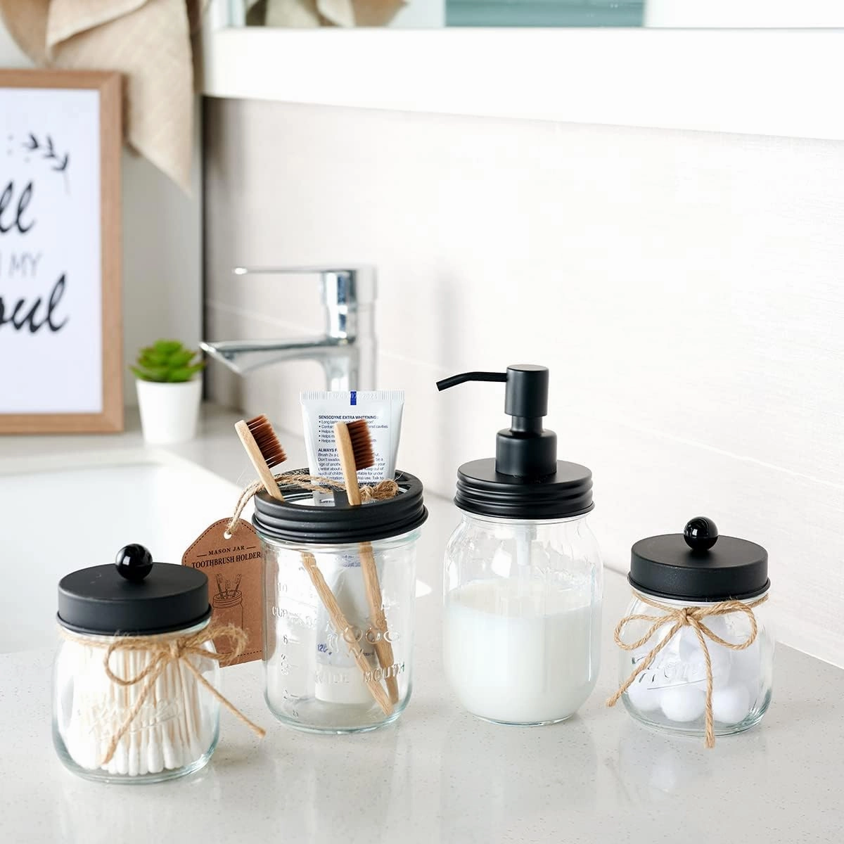 Amolliar 4 Pack Mason Jar Liquid Soap Dispensers, Rustproof Stainless Steel Lid Pump, Waterproof Sticker, Refillable Hand Soap for Bathroom, Kitchen, Dish Soap, Lotion Soap, Farmhouse Decor(Black)