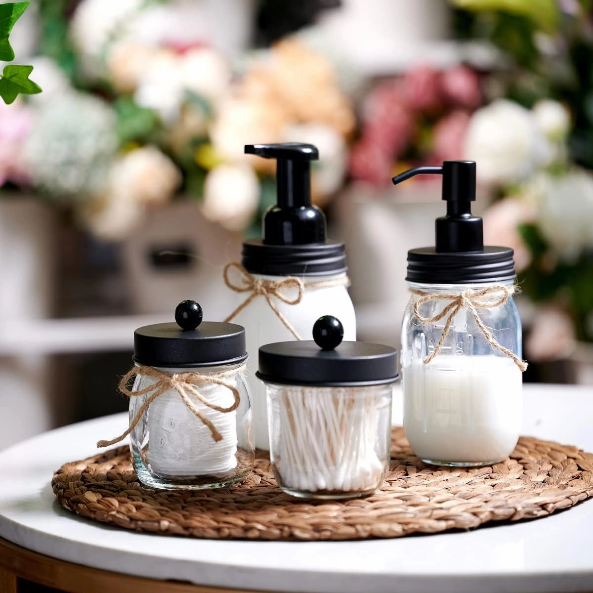 Amolliar 4 Pack Mason Jar Liquid Soap Dispensers, Rustproof Stainless Steel Lid Pump, Waterproof Sticker, Refillable Hand Soap for Bathroom, Kitchen, Dish Soap, Lotion Soap, Farmhouse Decor(Black)