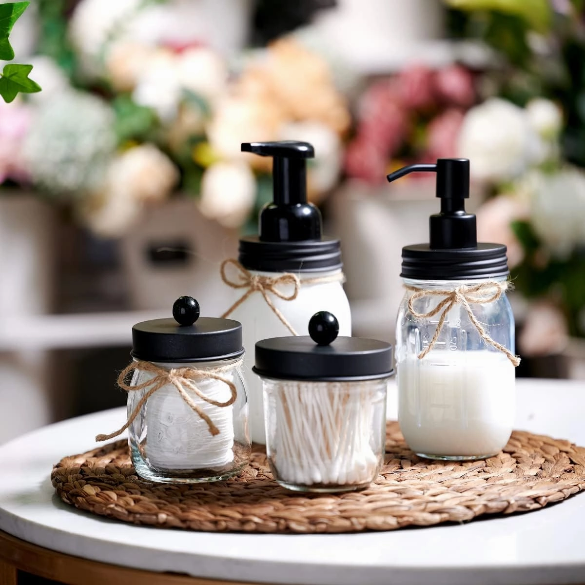 Amolliar 4 Pack Mason Jar Liquid Soap Dispensers, Rustproof Stainless Steel Lid Pump, Waterproof Sticker, Refillable Hand Soap for Bathroom, Kitchen, Dish Soap, Lotion Soap, Farmhouse Decor(Black)