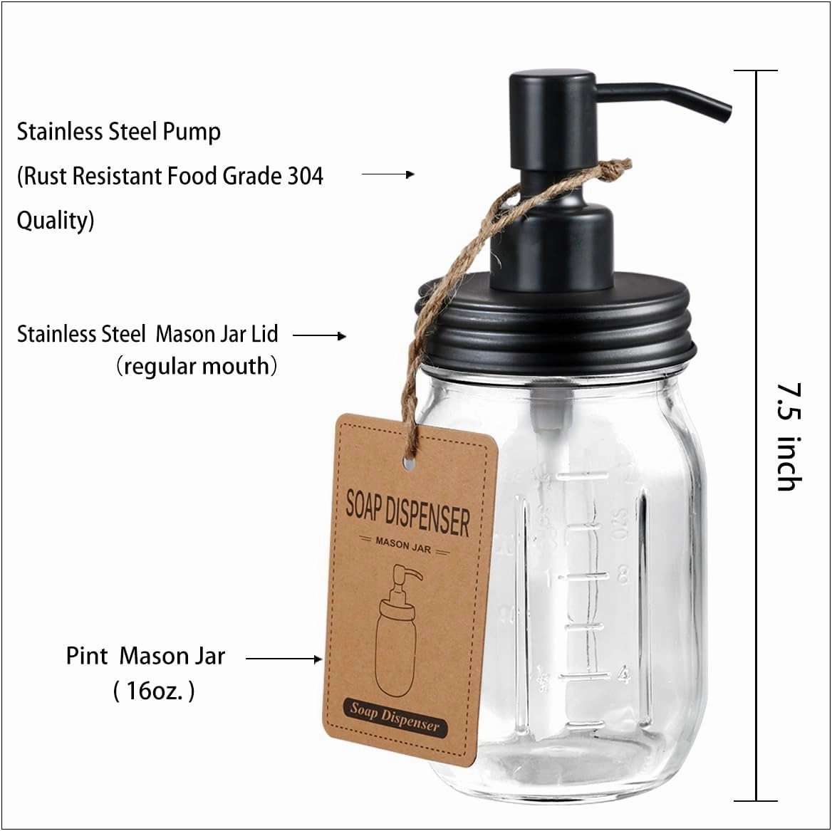 Amolliar 4 Pack Mason Jar Liquid Soap Dispensers, Rustproof Stainless Steel Lid Pump, Waterproof Sticker, Refillable Hand Soap for Bathroom, Kitchen, Dish Soap, Lotion Soap, Farmhouse Decor(Black)