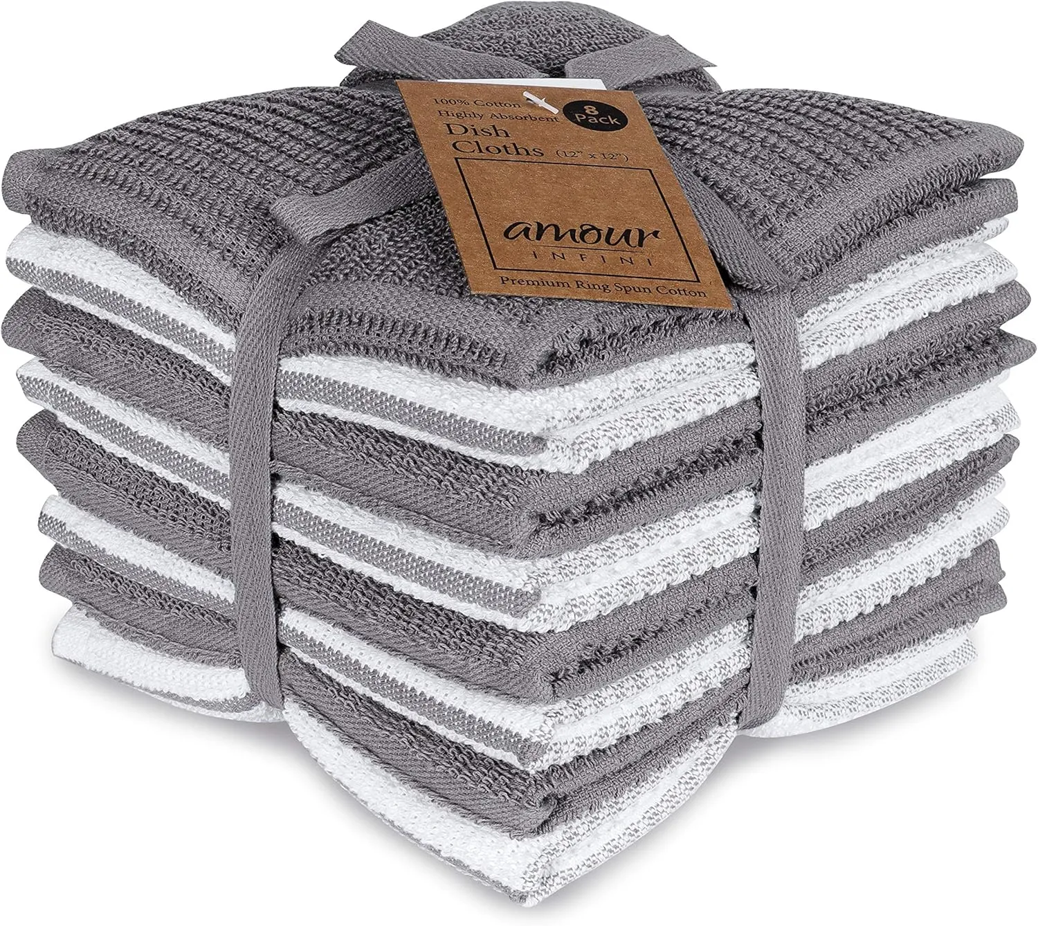 AMOUR INFINI Terry Dish Cloths Set of 8 Highly Absorbent Super Soft Kitchen Dishcloths Reusable Quick Dry Dish Rags for Cleaning & Drying Dishes (12x12 Inch - L.Grey)