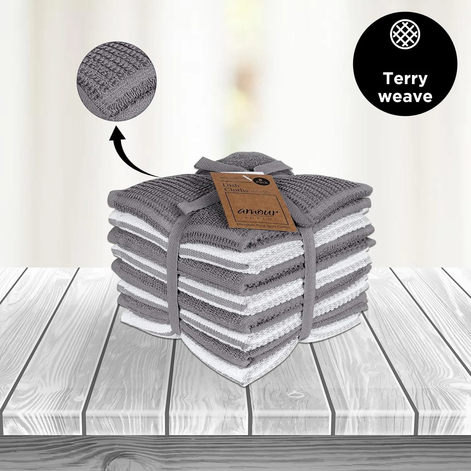 AMOUR INFINI Terry Dish Cloths Set of 8 Highly Absorbent Super Soft Kitchen Dishcloths Reusable Quick Dry Dish Rags for Cleaning & Drying Dishes (12x12 Inch - L.Grey)