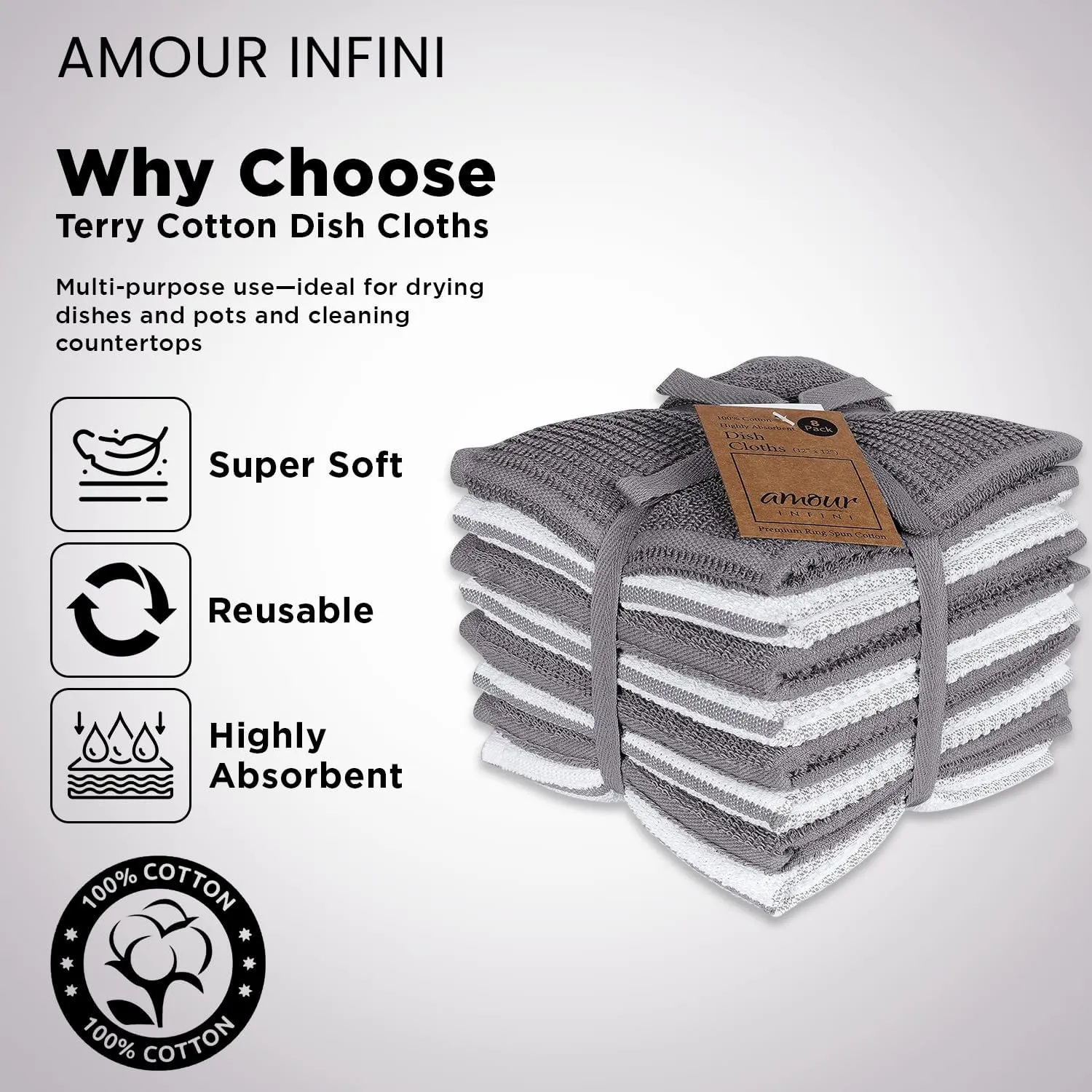 AMOUR INFINI Terry Dish Cloths Set of 8 Highly Absorbent Super Soft Kitchen Dishcloths Reusable Quick Dry Dish Rags for Cleaning & Drying Dishes (12x12 Inch - L.Grey)