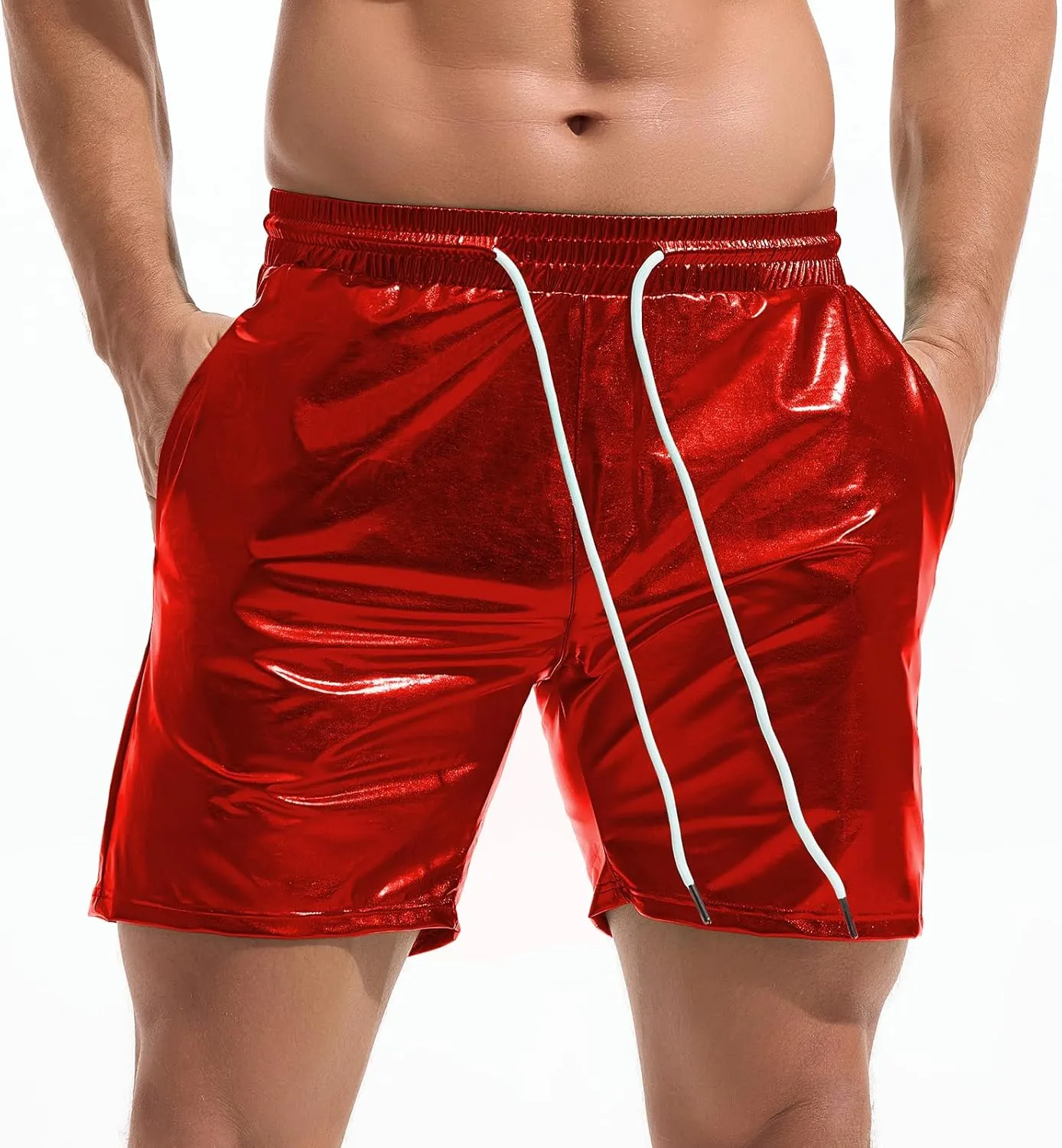 AMY COULEE Mens Metallic Shorts 5" Shiny Holographic Disco Shorts Outfit Sparkly Rave Hot Drawstring Shorts